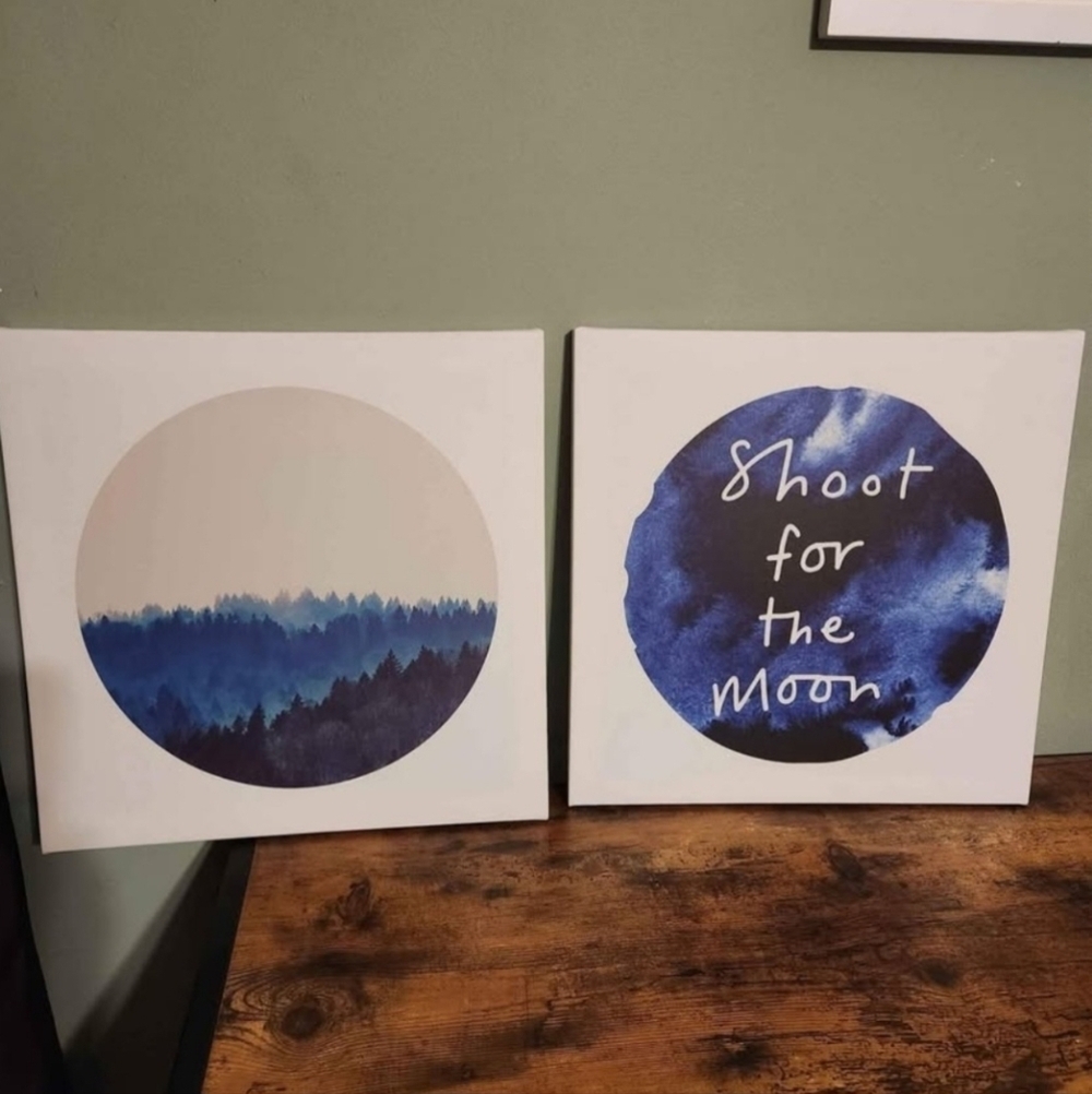 IKEA Shoot For The Moon ART Blue Moon White Canvas Decor EUC 15 3/4" x 15 3/4"